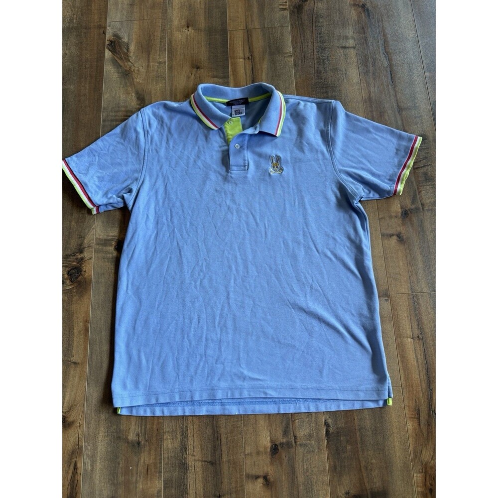 Psycho Bunny Pima Cotton Polo Shirt Mens 7 Large Light Blue Striped Trim Peru